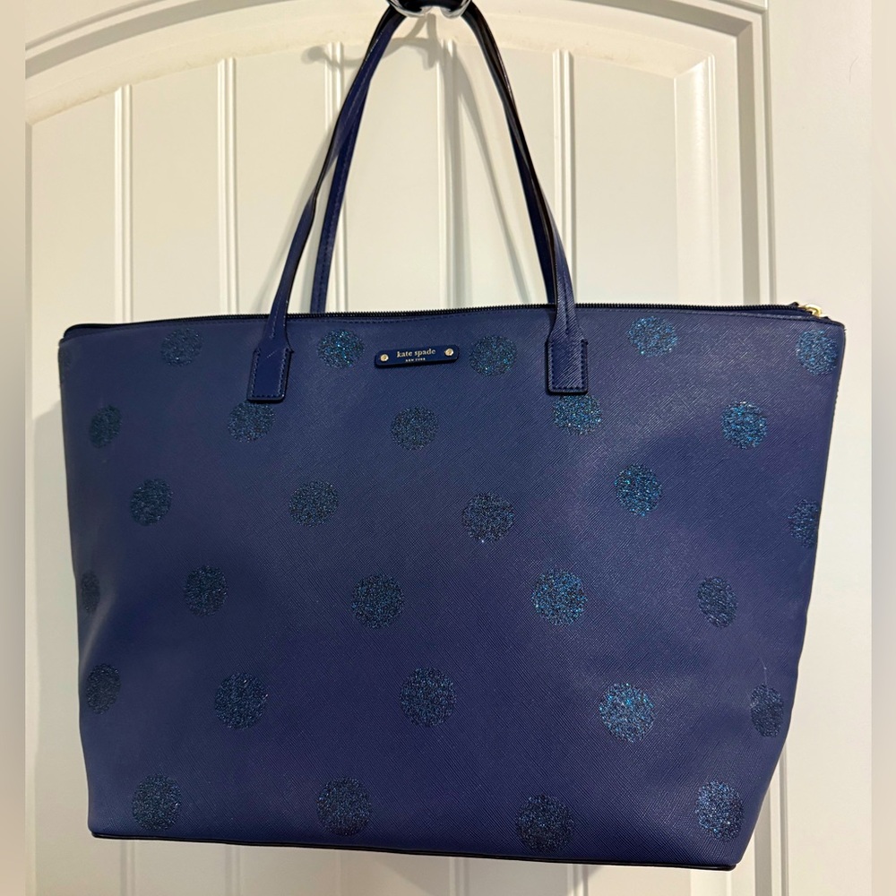 Kate Spade Haven Lane Tote Handbag, Navy Blue with glitter polka dots
